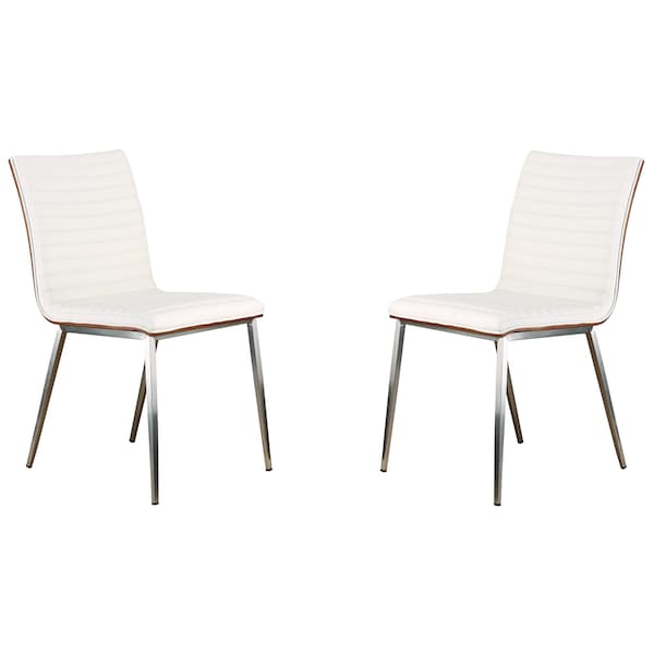 Armen Living Cafe Brushed Stainless Steel Dining Chair in White Faux Leather with Walnut Back, PK2 LCCACHWHB201 - main